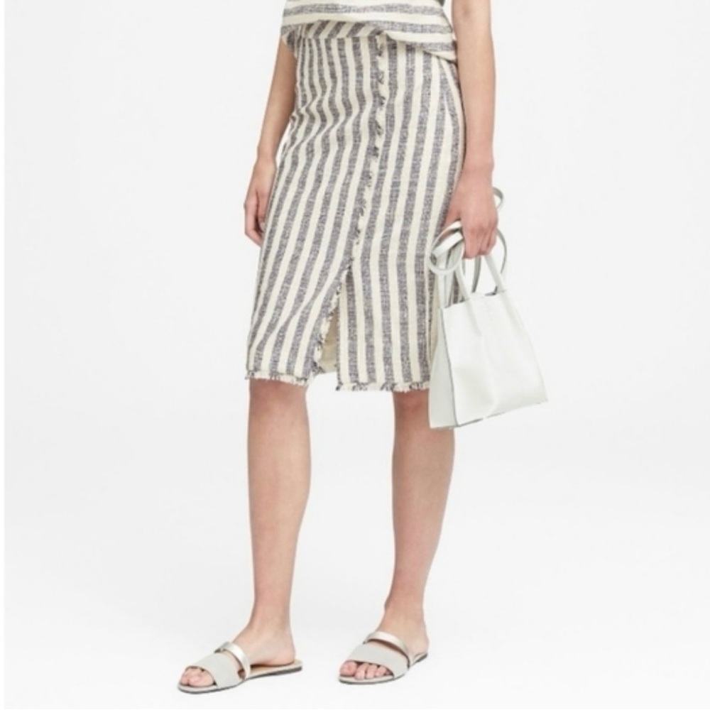 Banana Republic Tweed Striped Fringe Hem Midi Skirt | Vintage Boho Style Size 2